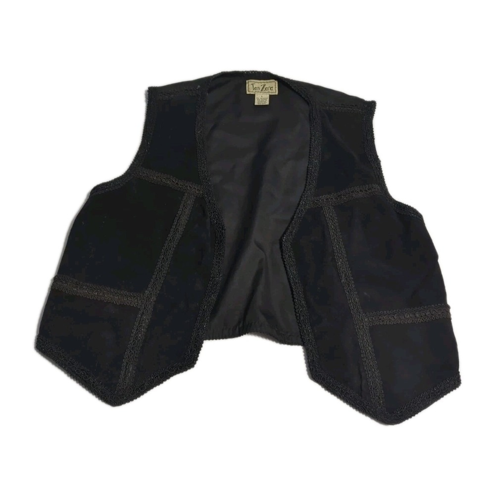 Vtg G-III Tan Zara Black Suede Leather Vest Ribbon Trim Boho Womens L Festival